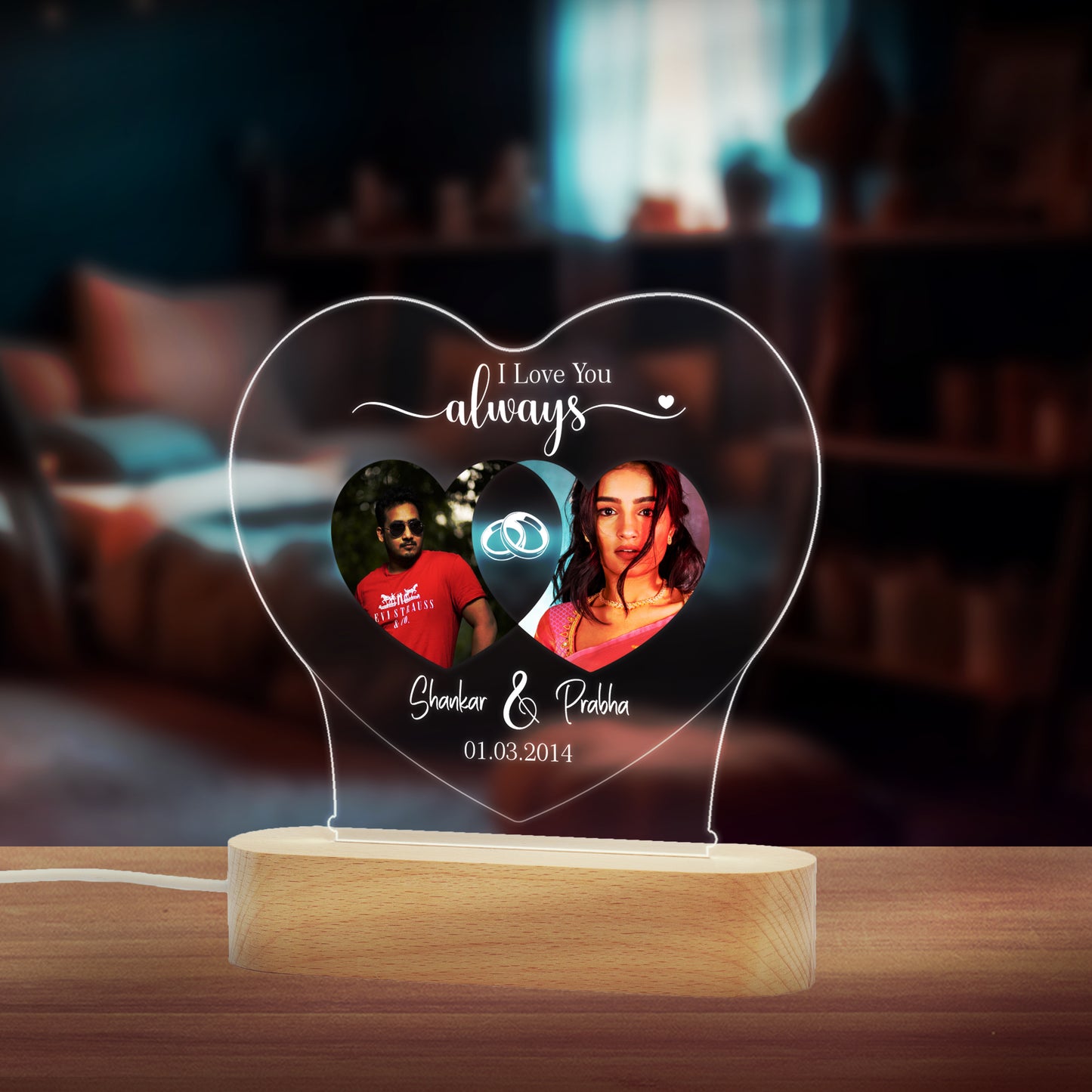 Custom Couple Photo, Name Date LED Night Lamp Gift for Family, Friends, Couples, Colleagues on Birthday, Anniversary, Wedding - NL0011