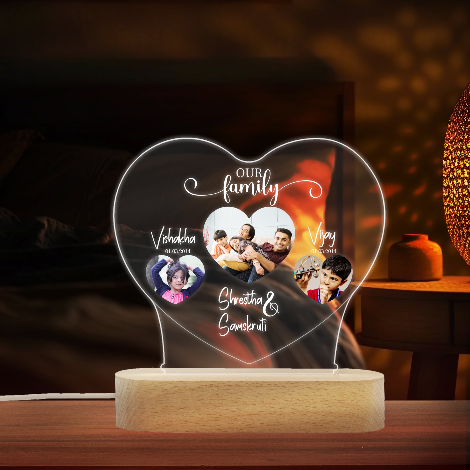 Custom 3-Photo, Name Date LED Night Lamp Gift for Family, Children on Birthday, Anniversary