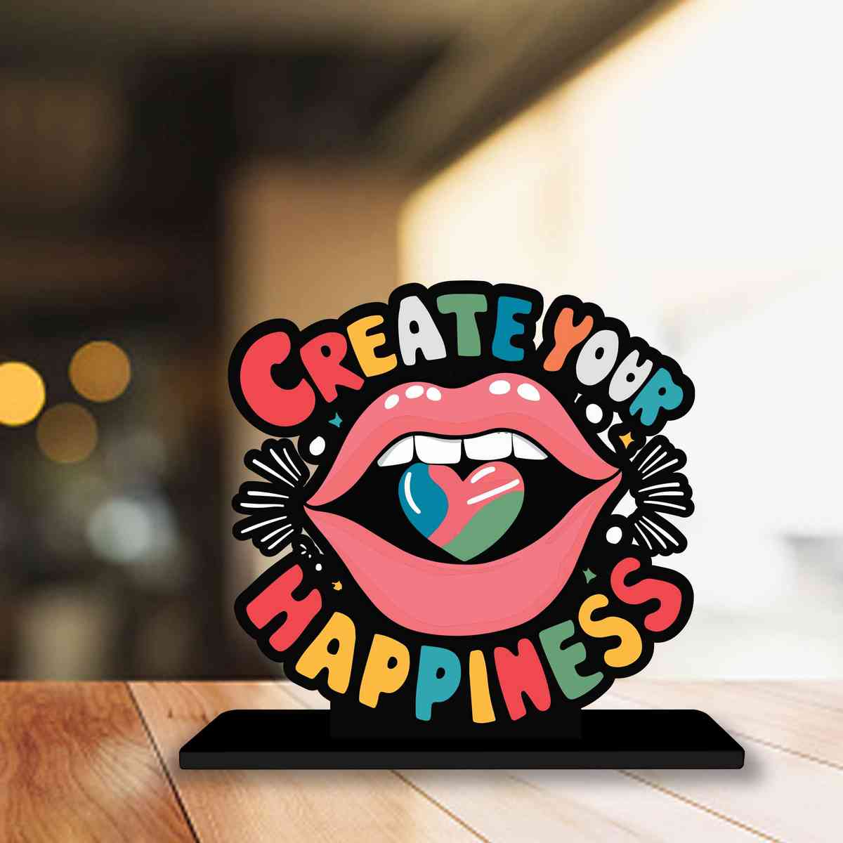 Create Your Happiness Motivational Quote Wood showpiece, Office and Home Decor Item, Study or Computer Table, Decorative Gift Item - P0020