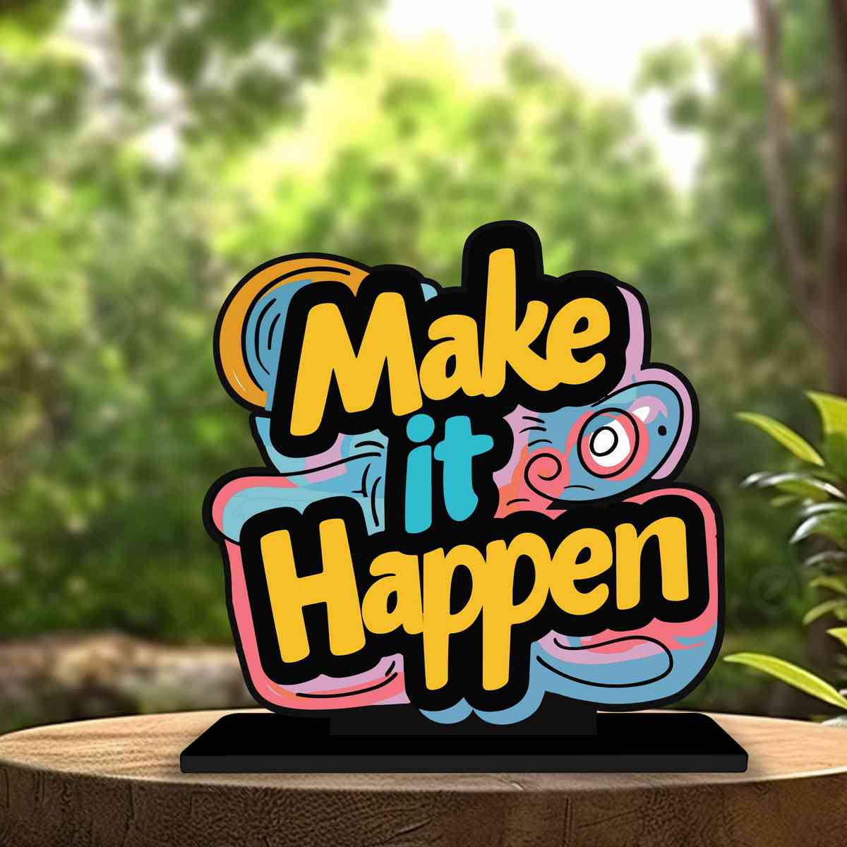 Make it Happen Motivational Quote Wood showpiece, Office and Home Decor Item, Study or Computer Table, Decorative Gift Item - P0041