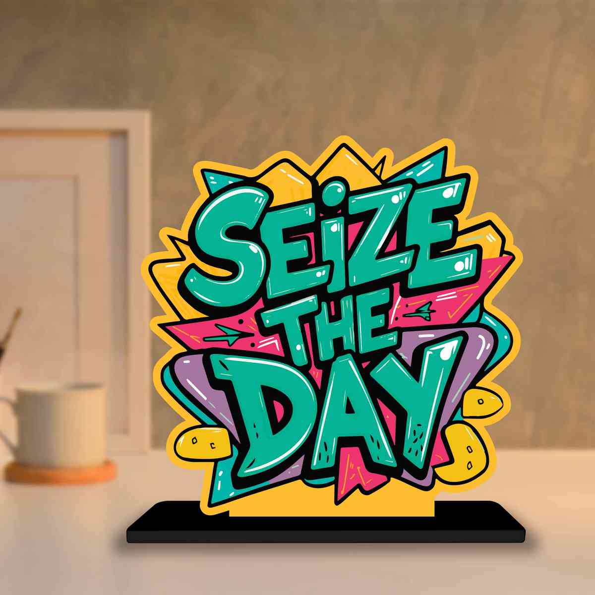 Seize The Day Motivational Quote Wood showpiece, Office and Home Decor Item, Study or Computer Table, Decorative Gift Item - P0049