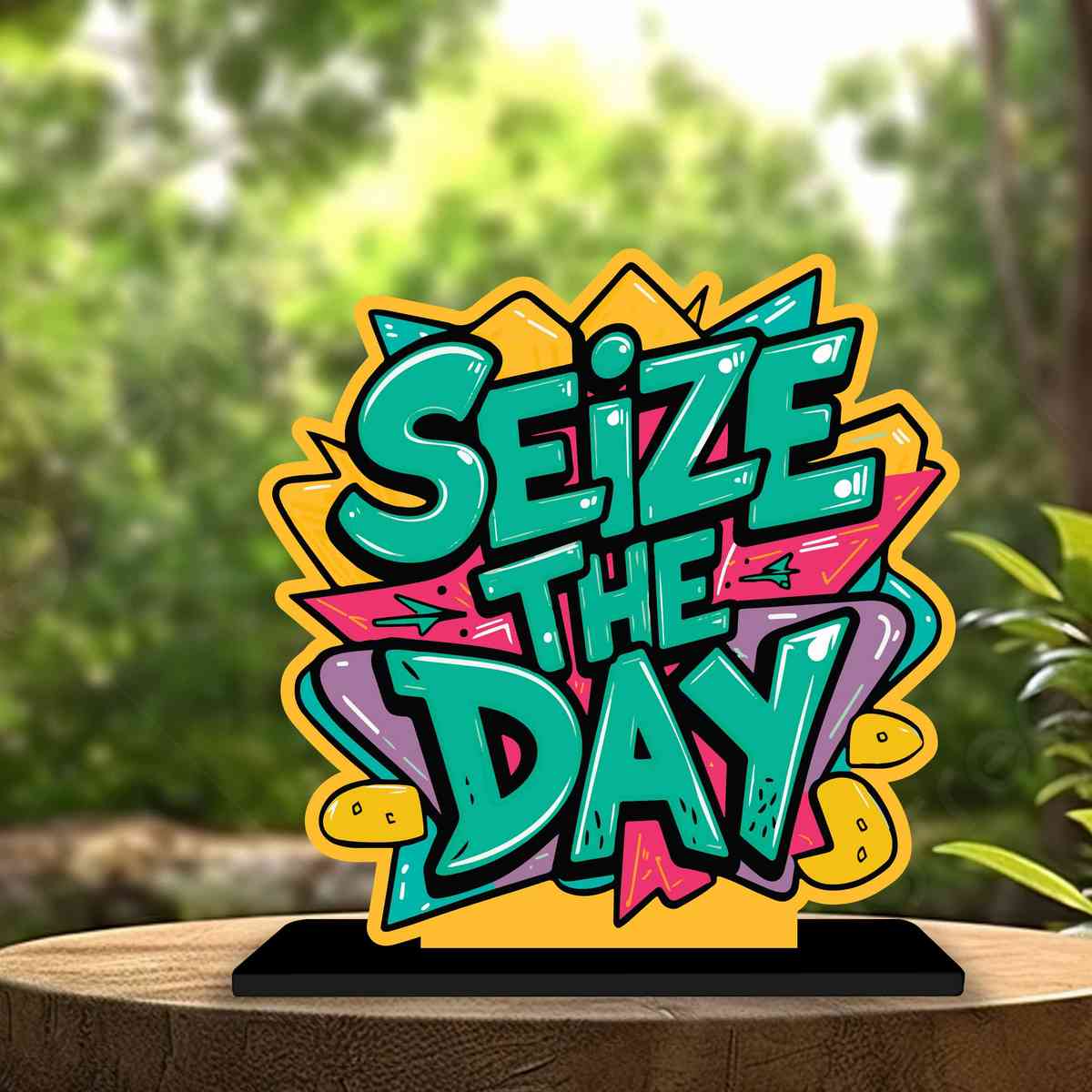 Seize The Day Motivational Quote Wood showpiece, Office and Home Decor Item, Study or Computer Table, Decorative Gift Item - P0049