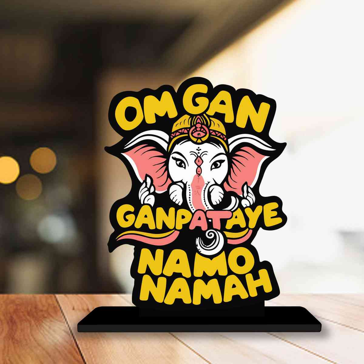 Om Gan Ganapataye Namo Namah Motivational Quote Wood showpiece, Office and Home Decor Item, Study or Computer Table, Decorative Gift Item - P0106