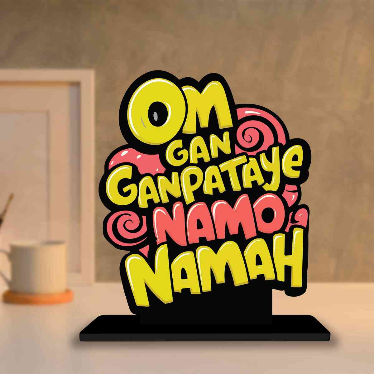 Om Gan Ganapataye Namo Namah Motivational Quote Wood showpiece, Office and Home Decor Item, Study or Computer Table, Decorative Gift Item - P0107