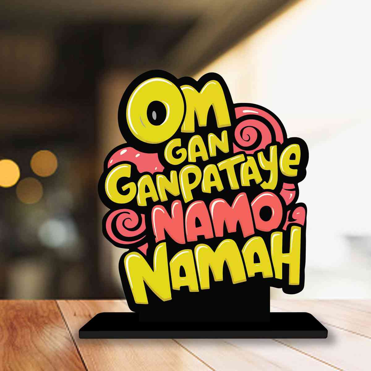 Om Gan Ganapataye Namo Namah Motivational Quote Wood showpiece, Office and Home Decor Item, Study or Computer Table, Decorative Gift Item - P0107