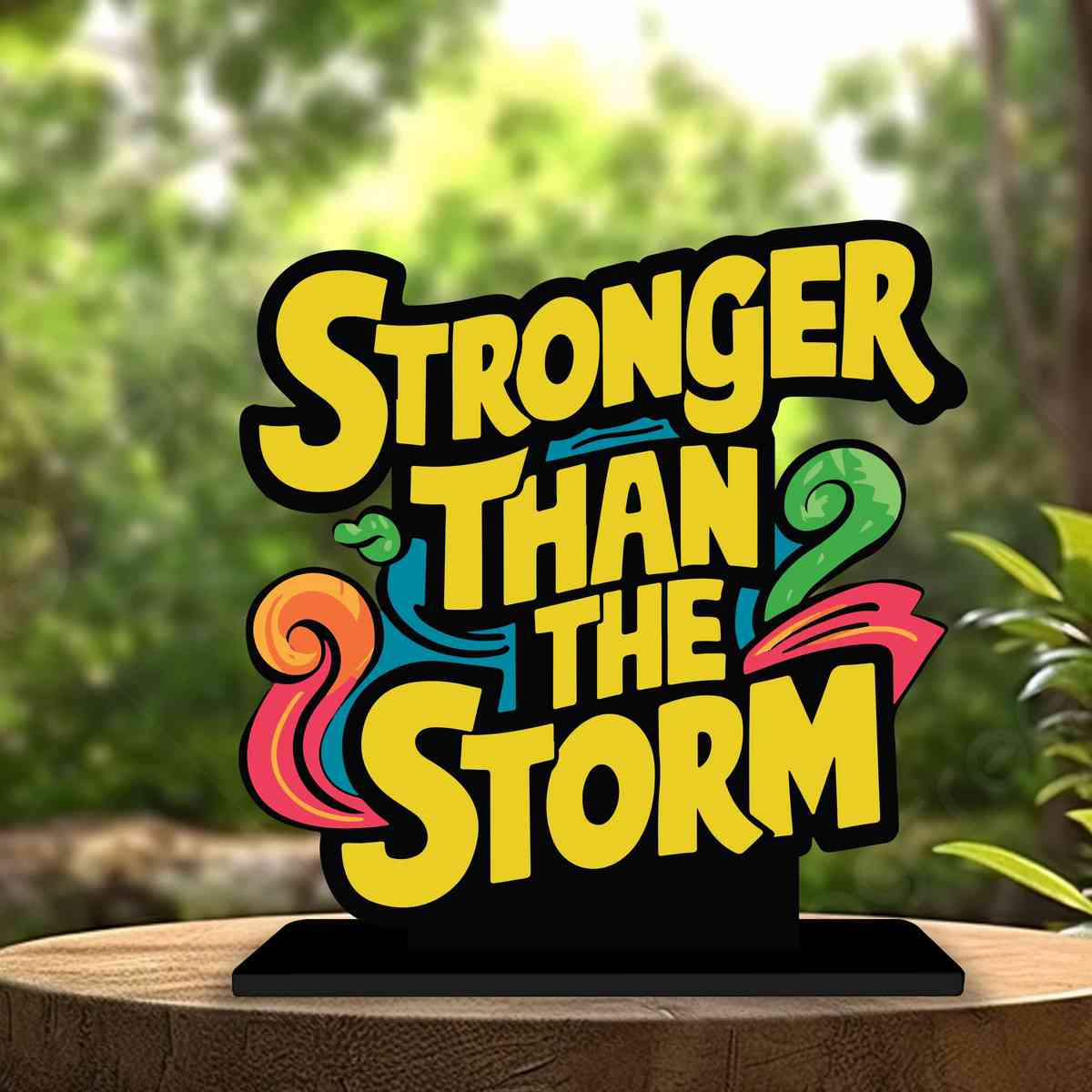 Stronger Than The Storm Motivational Quote Wood showpiece, Office and Home Decor Item, Study or Computer Table, Decorative Gift Item - P0149