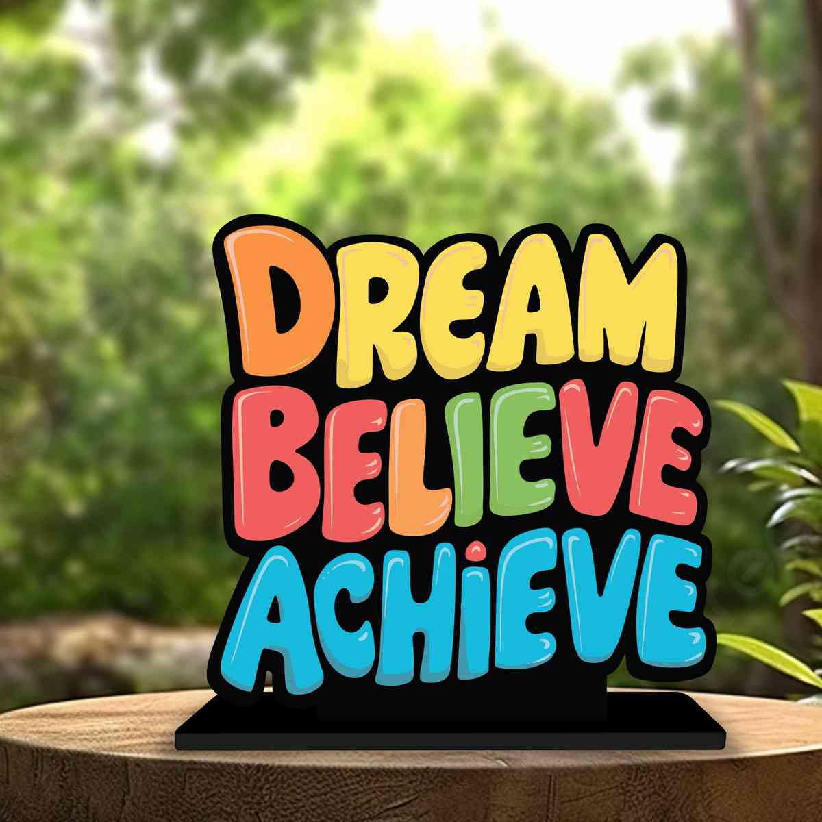 Dream Believe Achieve Motivational Quote Wood showpiece, Office and Home Decor Item, Study or Computer Table, Decorative Gift Item - P0186