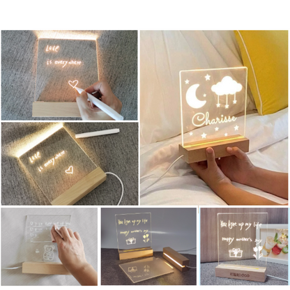 LED Message Board 3D Writing Night Lamp (with Wooden Stand & Markers) ✨